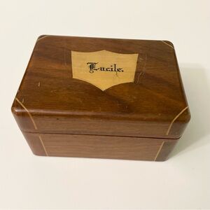 Vintage Inlaid Wood Trinket Box Personalized "Lucile" Velvet Lined Jewelry Box